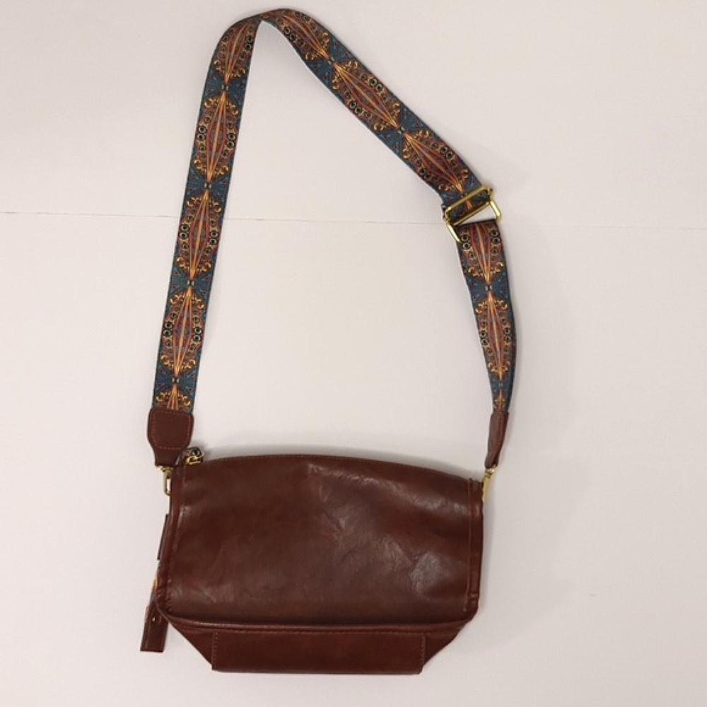 Brown Faux Leather Shoulder Bag with Retro Patterned Strap, Tribal, Aztec,Guitar - Picture 2 of 12